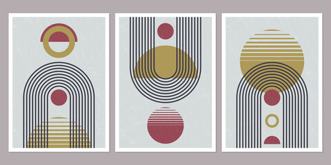 Wall Mural - abstract geometric art with arch and circles. modern boho background. line arc shapes, sun design. c