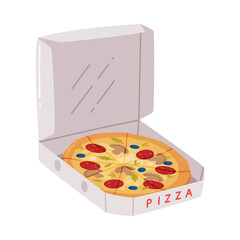 Wall Mural - Appetizing Italian Pizza in Cardboard Box as Round Hot Dough Topped with Salami and Mushroom Vector Illustration