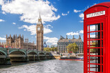 Fototapeta Londyn - London symbols with BIG BEN and red Phone Booths in England, UK