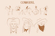 Collection of cowgirl illustration. Woman portrait line illustration. Cowgirl rider on horse. Editable vector illustration.