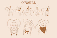 Collection Of Cowgirl Illustration. Woman Portrait Line Illustration. Cowgirl Rider On Horse. Editable Vector Illustration.