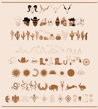Wild West Elements Collection With Cactus, Skull, Desert Landscape, Western Animals, Symbols. Perfect For Create Logotype. Editable Vector Illustration.