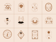 Collection Of Western Logotype With Cowboy, Desert Landscape, Cactus, Skull, Horseshoe. Wild West Emblem. Editable Vector Illustration.