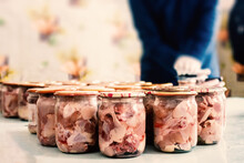 Glass Jars With Meat. Home Preservation.