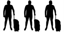 The Big Man With A Suitcase On Wheels Stands Still. A Guy In A Tracksuit, Sneakers. A Man Stands Straight With A Suitcase On Wheels, Luggage. Full Face. Three Black Male Silhouettes Isolated On White