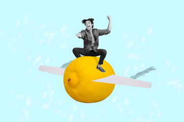 Sticker - Composite collage portrait of excited carefree person flying big lemon wings isolated on bright drawing background