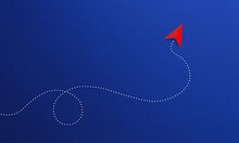 Red Paper Plane Flying Freely On Blue Background. Freedom And Business Concept.