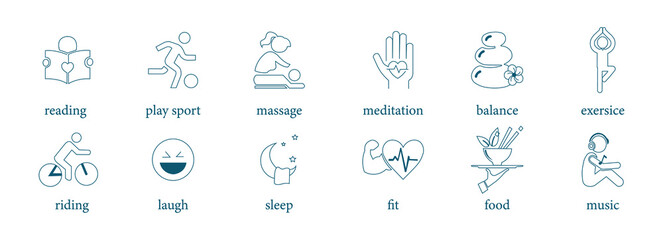 Wall Mural - reading, play sport, massage, meditation, balance, exercise, riding, laugh, sleep, fitness, food, mu