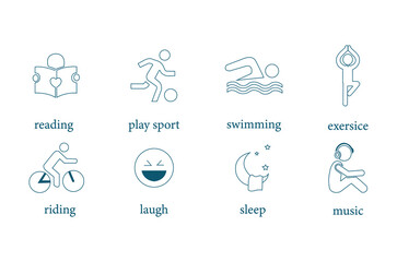 Wall Mural - reading, play sport, swimming, exercise, reading, laugh, sleep, music icon set vector illustration