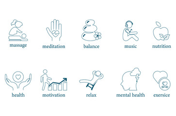 Canvas Print - Massage, meditation, balance, music, nutrition, health, motivation, relax, mental health, exercise icon set vector illustration 