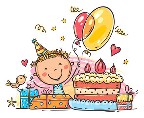 Leinwandbilder - Illustration of child's birthday with gifts and birthday cake