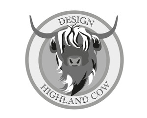 Wall Mural - Emblem of  black and white Highland cattle, cow. Cute head of Scottish cattle isolated on white background. Written Design Highland Cow. Design element for logo, poster, card, banner, emblem, t shirt.