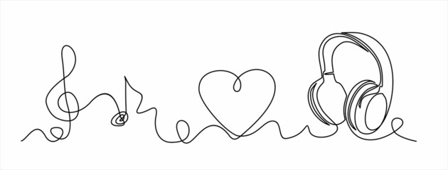 One line headphones. Continuous drawing of music gadget and note. Audio headphone outline sketch. Lineart vector concept of musical symbol. Illustration headphone drawing contour monoline