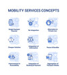 Mobility as service light blue concept icons set. Urban infrastructure. Maas idea thin line color illustrations. Isolated symbols. Editable stroke. Roboto-Medium, Myriad Pro-Bold fonts used
