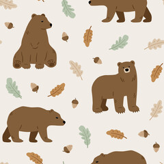 seamless pattern with cute bears in the wood. hand drawn childish background with wild animals in th