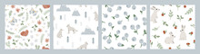 Set Of Hand Drawn Seamless Patterns With Forest Animals And Plants. Cute Scandinavian Endless Background With Butterfly, Wolf And Rabbit. Childish Texture For Apparel, Wallpaper And Prints
