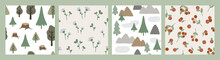 Set Of Hand Drawn Seamless Patterns With Forest Animals And Plants. Cute Scandinavian Endless Background With Pine Tree, Flower And Berry. Childish Texture For Apparel, Wallpaper And Prints