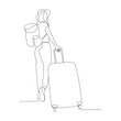 Continuous Line art or One Line Drawing of a Travel girl with a Suitcase. Drawing by hand. Vector illustration.