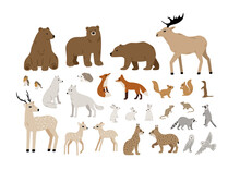Big Vector Set Of Forest Animals: Bear, Deer, Wolf, Fox, Lynx, Squirrel, Moose, Owl, Rabbit, Raccoon. Hand Drawn Woodland Animal Collection. Cute Wild Characters. Vector Illustration