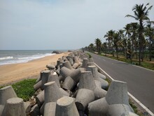 Sea Wave Breaker, Concrete Tetrapods In Kerala Coastal Area, Seascape View