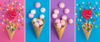 Collage of ice cream cone with meringue and candy on the colored background