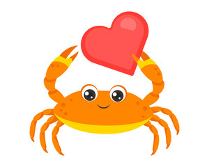 Wall Mural - Cute crab with heart isolated on white. Cartoon simple illustration of marine life. Vector funny sea animal. Flat icon.