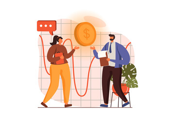 Poster - Analyzing budget web concept in flat design. Man and woman calculate business statistics, making financial report, invest money. Auditing and finance management. Illustration with people scene