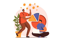 Analyzing Budget Web Concept In Flat Design. Men Discussing And Analyzing Financial Data On Diagram And Developing Strategy. Auditing And Finance Management. Illustration With People Scene