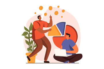 Analyzing budget web concept in flat design. Men discussing and analyzing financial data on diagram and developing strategy. Auditing and finance management. Illustration with people scene