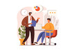 Business meeting web concept in flat design. Manager briefing to employee, discusses tasks and communicates in office. Colleagues brainstorming at conference. Illustration with people scene