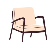 Retro-styled Armchair Design With Wood Base And Upholstered Seat. Trendy Mid-century 60s Lounge Arm Chair Furniture For Living Room. Colored Flat Vector Illustration Isolated On White Background