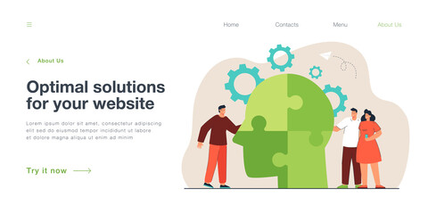 Wall Mural - Office people putting pieces of jigsaw of head puzzle together. Symbol of psychological help or personality, partnership flat vector illustration. Mental health, support, leadership concept for banner