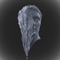 Wall Mural - Concept illustration from 3D rendering of white marble classical head sculpture melting face isolated on dark background.