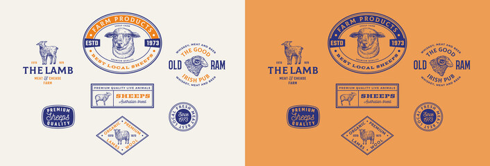 Wall Mural - Sheep Farm Retro Framed Badges or Logo Templates Collection. Hand Drawn Lamb, Ram and Sheep Face Animals Sketches with Retro Typography. Vintage Sketch Emblems Set Isolated
