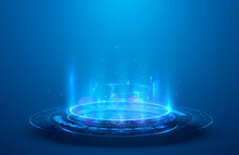 Blue Hologram Portal. Magic Fantasy Portal.  Magic Circle Teleport Podium With Hologram Effect. Abstract High Tech Futuristic Technology Design. Round Shape. Circle Sci-fi Element Light And Lights.