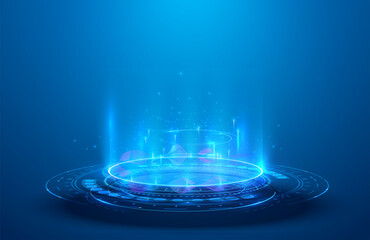 blue hologram portal. magic fantasy portal. magic circle teleport podium with hologram effect. abstr