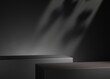 © Andre - Minimal black double pedestal or podium for product showcase. Boxe shape pedestal. Dark background. Empty stage. 3d render illustration. Leaf shadow