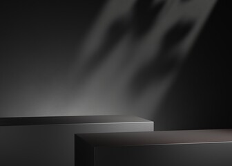 minimal black double pedestal or podium for product showcase. boxe shape pedestal. dark background. 
