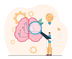 Wall Mural - Scientist or engineer examining huge brain with magnifier. Man studying digital brain with circuit flat vector illustration. Science, artificial intelligence, technology concept for banner