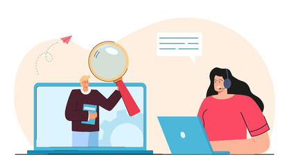 Wall Mural - Female call center operator and tiny client on laptop screen. Calls administrator answering questions flat vector illustration. Customer service or support concept for banner, website design