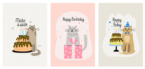 set of greeting cards with funny cats and birthday cakes. hand drawn flat vector illustration and le