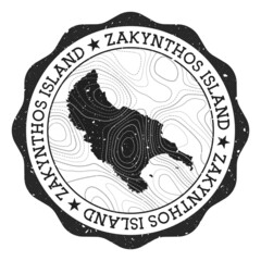 Wall Mural - Zakynthos Island outdoor stamp. Round sticker with map of island with topographic isolines. Vector illustration. Can be used as insignia, logotype, label, sticker or badge of the Zakynthos Island.