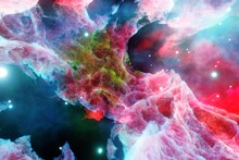 Space Nebula Background. Million Years BC. Planets And Galaxy, Science Fiction Backdrop. Beauty Of Deep Space. Billions Of Galaxies In The Universe Cosmic Art Wallpaper. 3D Illustration.