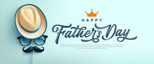 Father's Day Poster Or Banner Template With Symbol Of Dad From Hat,glasses And Mustache.Greetings And Presents For Father's Day In Flat Lay Styling.Promotion And Shopping Template For Love Dad