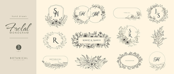 Wall Mural - set of wedding monogram, botanical floral branch and frames. botanical vintage foliage for wedding i