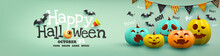 Halloween Poster And Banner Template With Colorful Halloween Pumpkin And Bat.Website Spooky,Background Or Banner Halloween Template.Vector Illustration Eps10