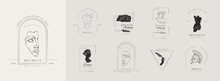 Vector Set Of Logo With Antique Sculptures. Vector Illustration With Classical Sculpture For Card Poster T-Shirt Or Printing. Contemporary Hand Drawn Mythical Collection In Line Design Style. Vector