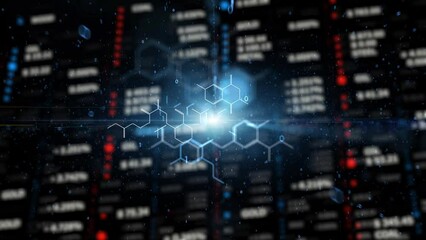 Poster - artistic chemical hexagon bonds on blurred data animation.