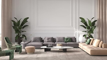 Wall Mural - Modern interior design living room with large white classic panels and wall mock up. 3d rendering illustration 4K video animation scene.