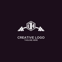 DK initial monogram for fitnes or gym logo with creative shield and barbell design